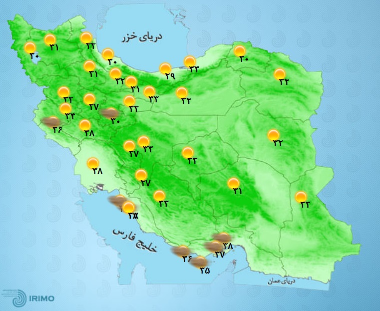 وضعیت آب و هوا، امروز ۲۶ تیر ۱۴۰۱ / وقوع رگبار باران در جنوب سیستان و بلوچستان و شرق هرمزگان / ایجاد توده گرد و خاک در عراق و استان‌های مرزی ایران